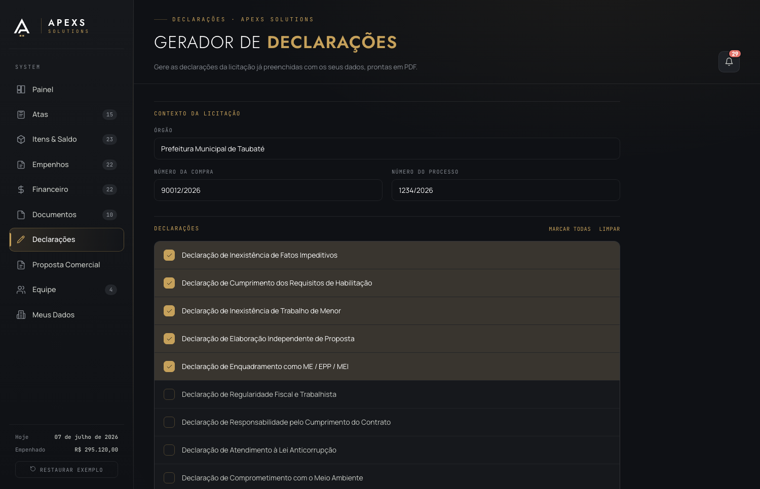Gerador de declarações de licitação do SYSTEM, já preenchidas