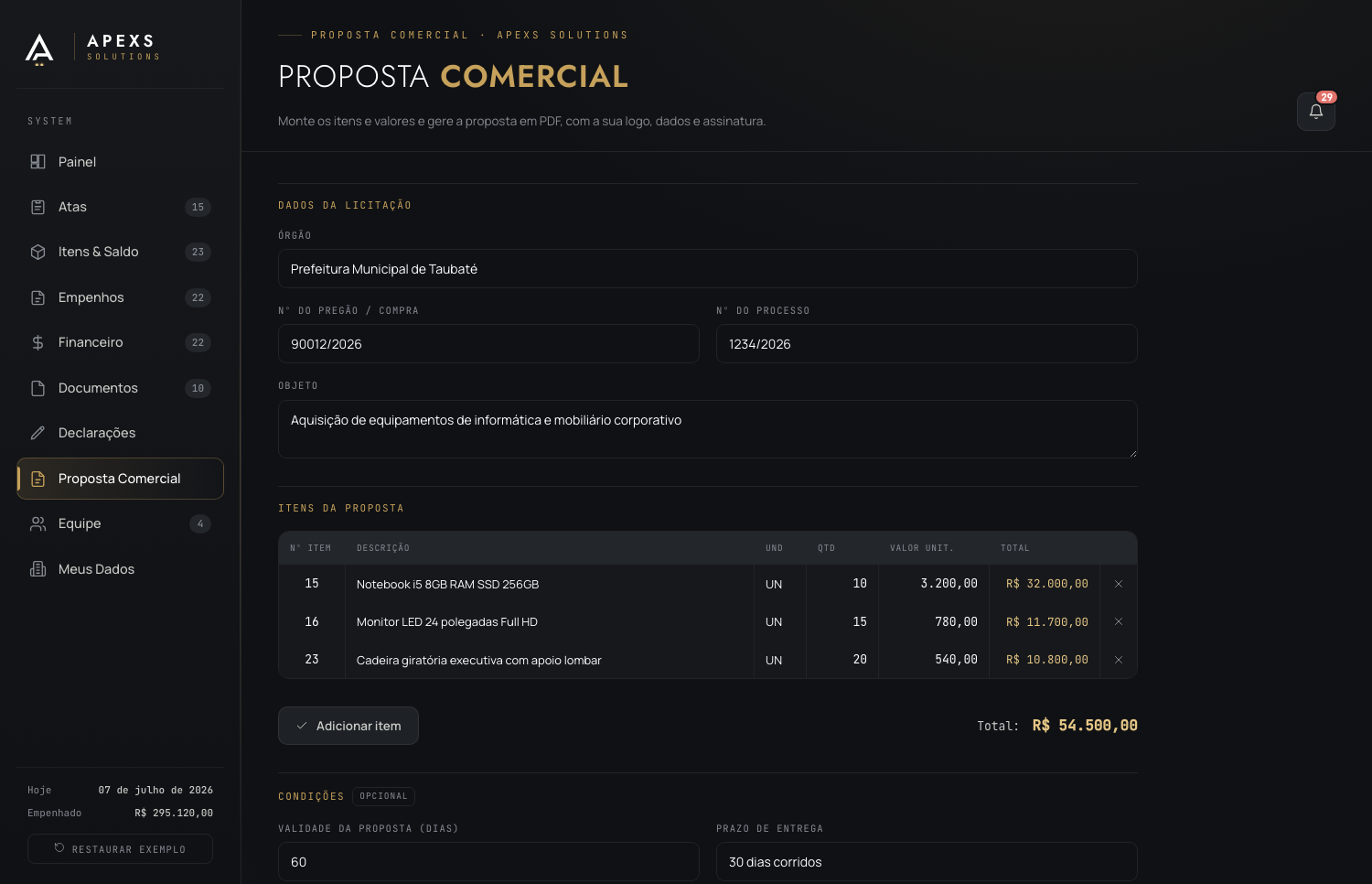 Gerador de proposta comercial do SYSTEM com itens, número e total